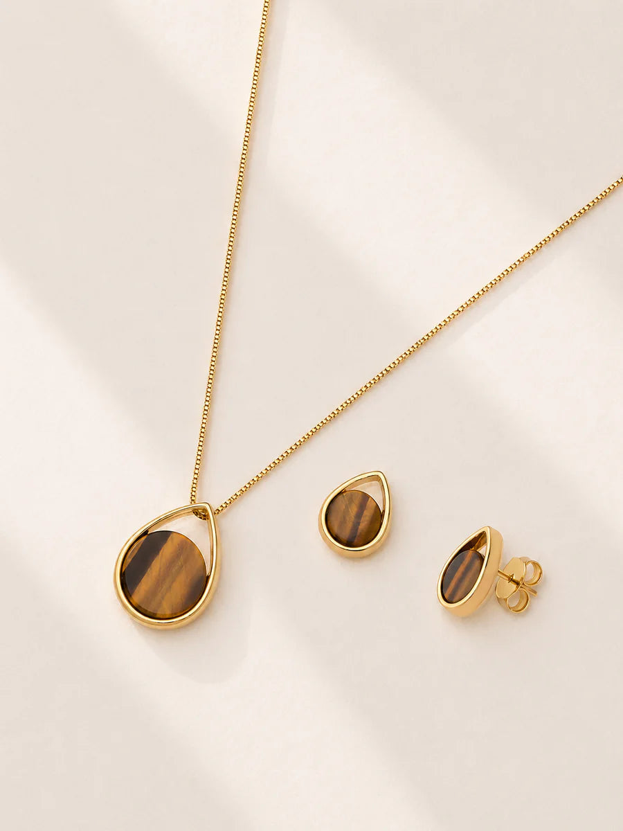 Conjunto Gota Olho de Tigre Natural em Ouro