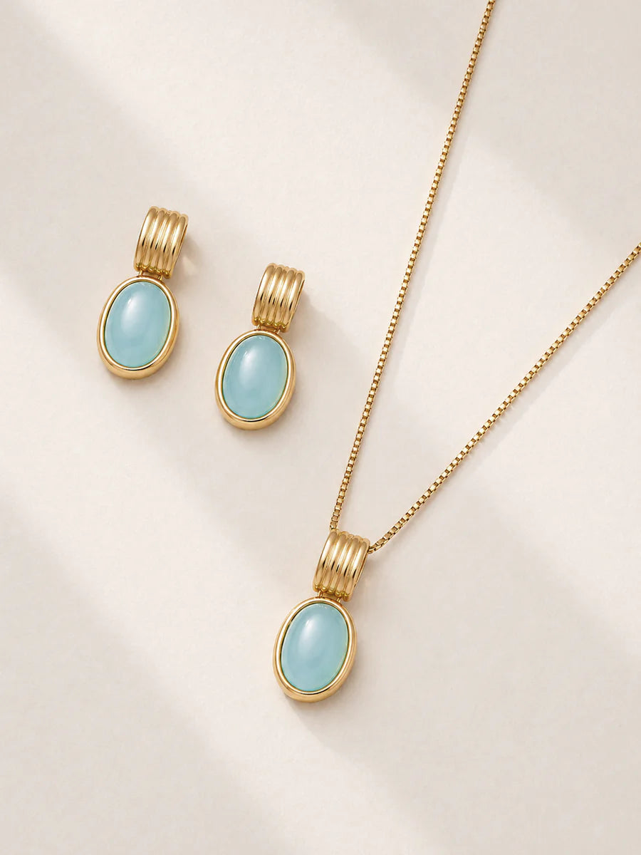Conjunto com Ágata Azul Céu Natural em Ouro