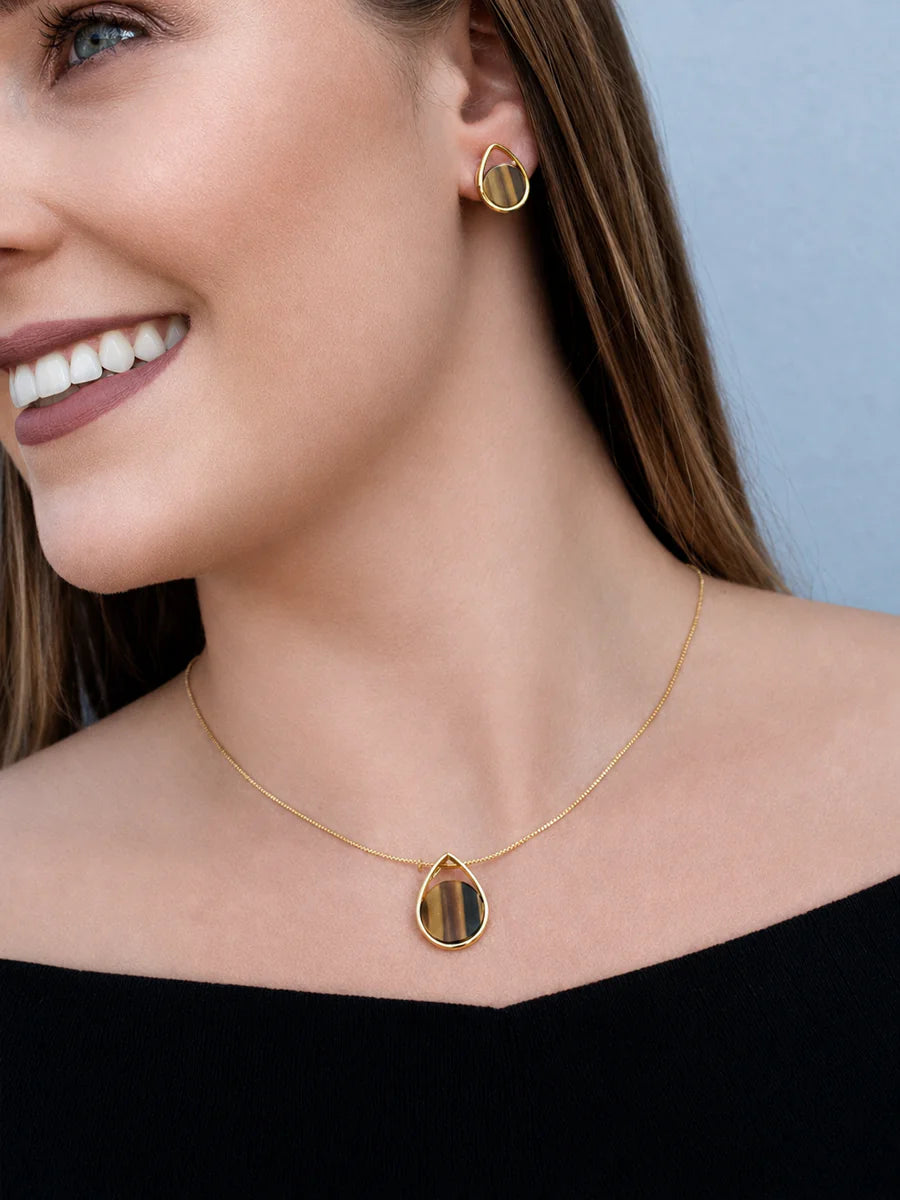 Conjunto Gota Olho de Tigre Natural em Ouro
