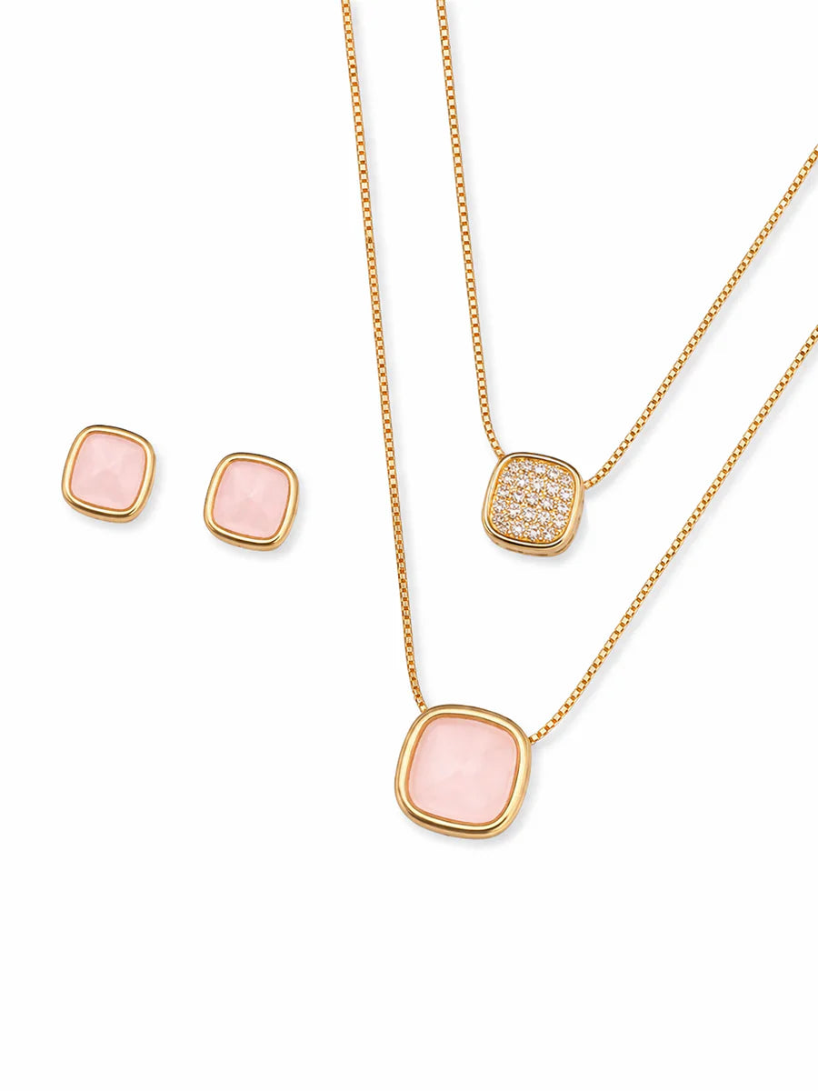Conjunto com Quartzo Rosa Natural em Ouro