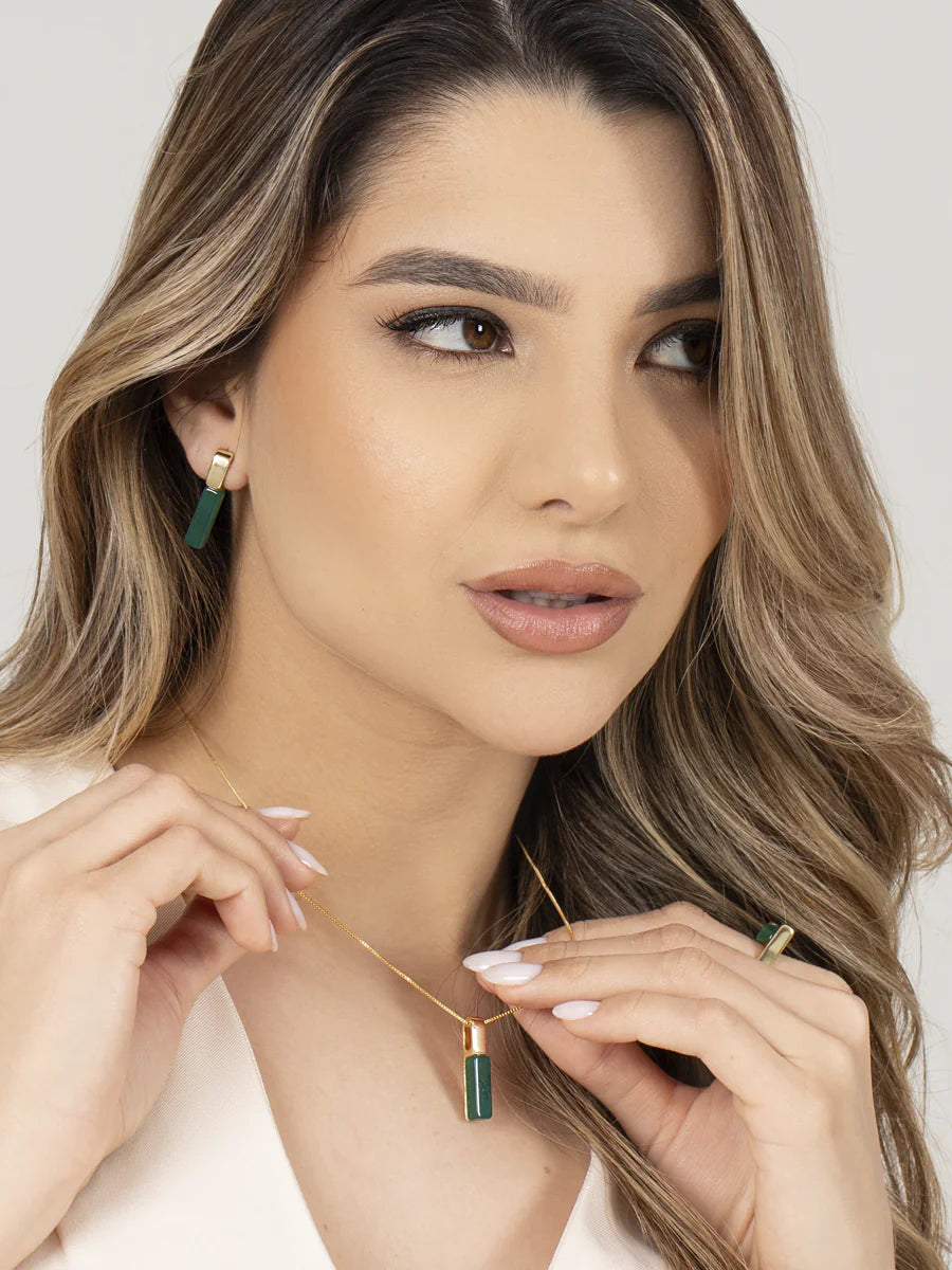 Conjunto com Ágata Verde Natural em Ouro