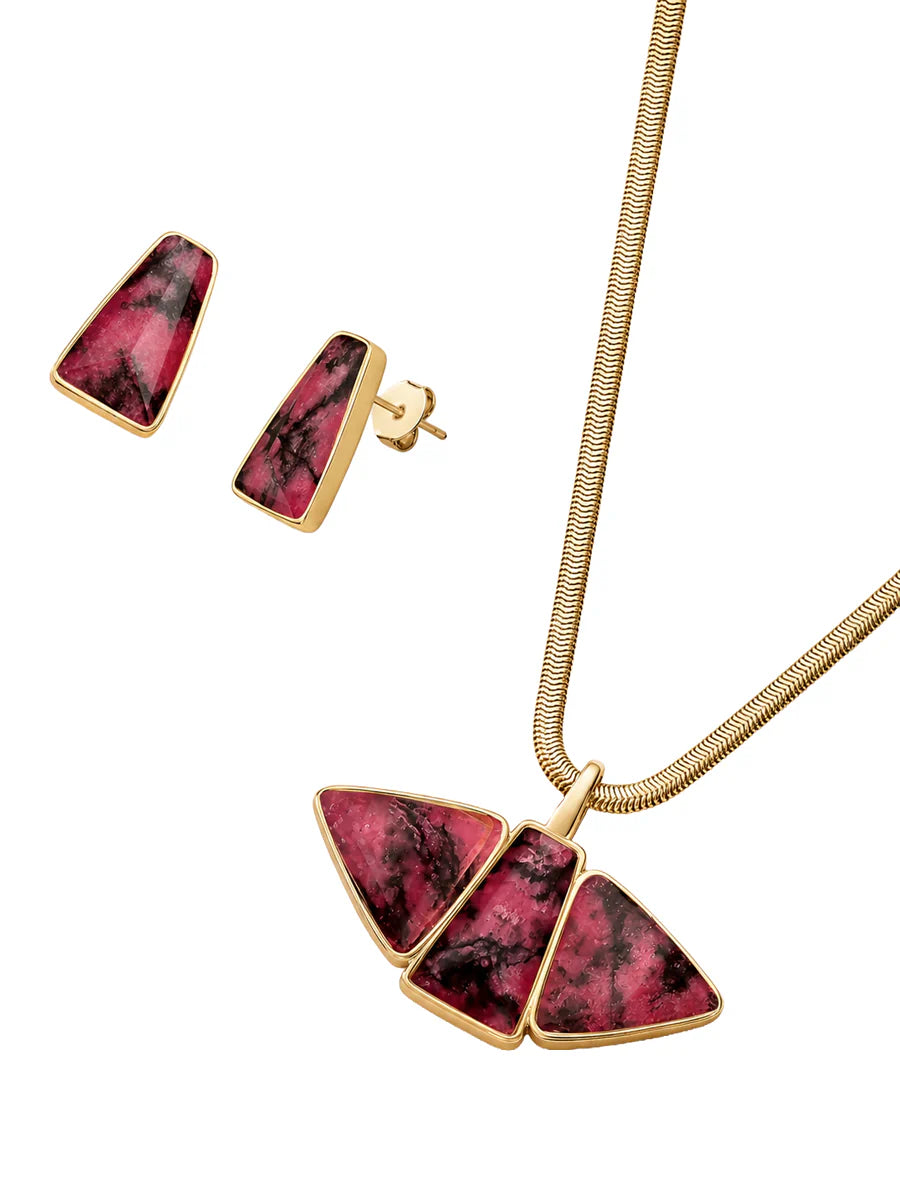 Conjunto com Rodonita Natural em Ouro