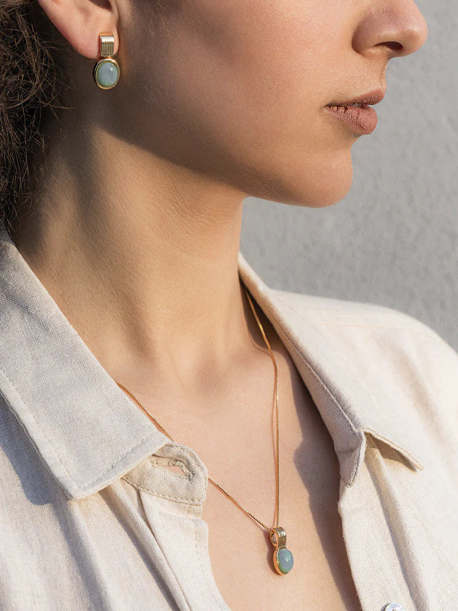 Conjunto com Ágata Azul Céu Natural em Ouro
