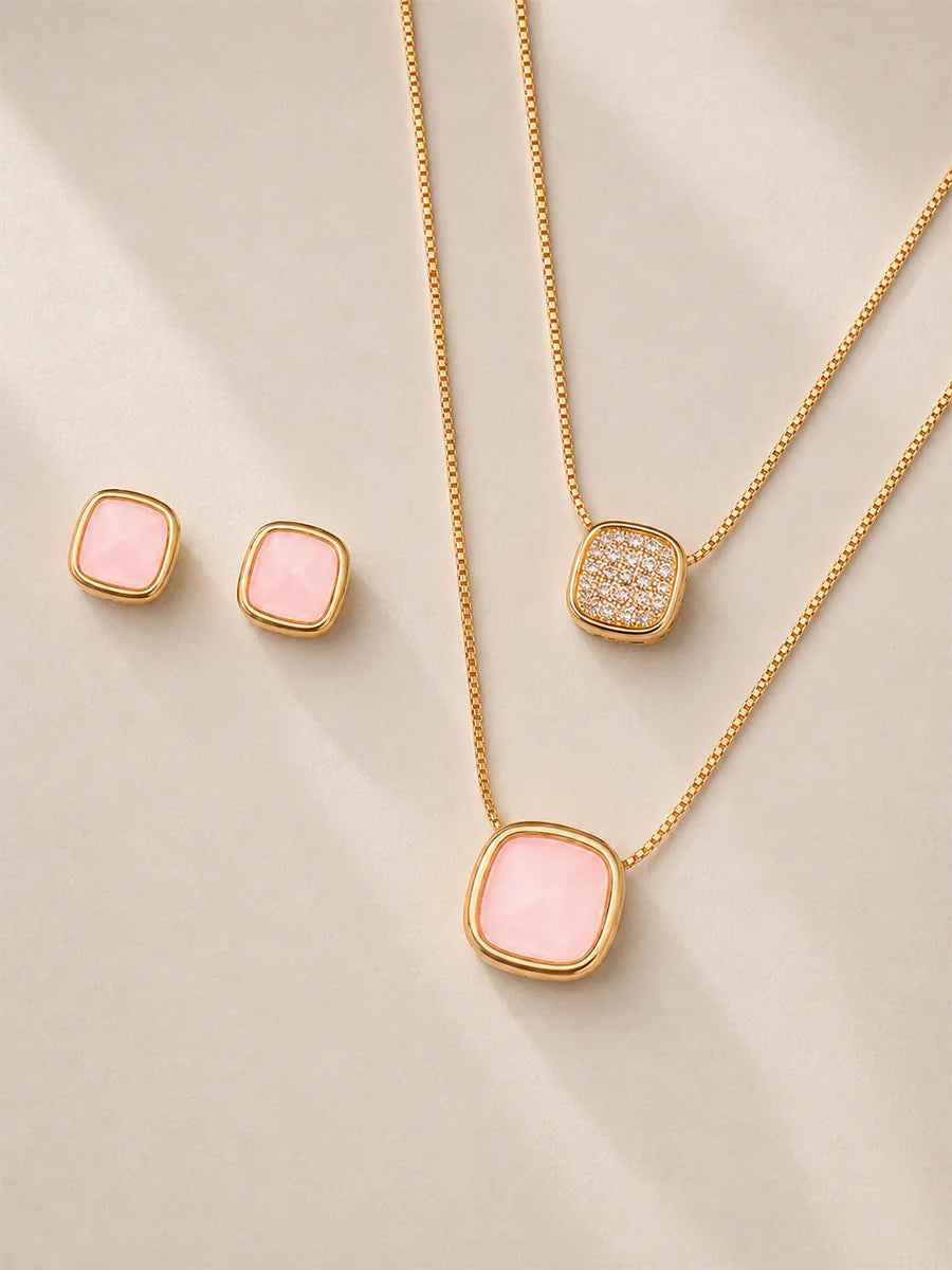 Conjunto com Quartzo Rosa Natural em Ouro