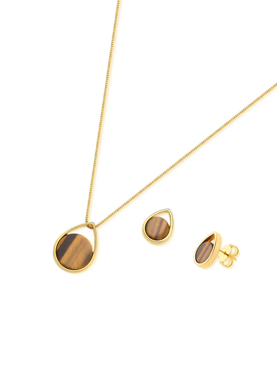 Conjunto Gota Olho de Tigre Natural em Ouro