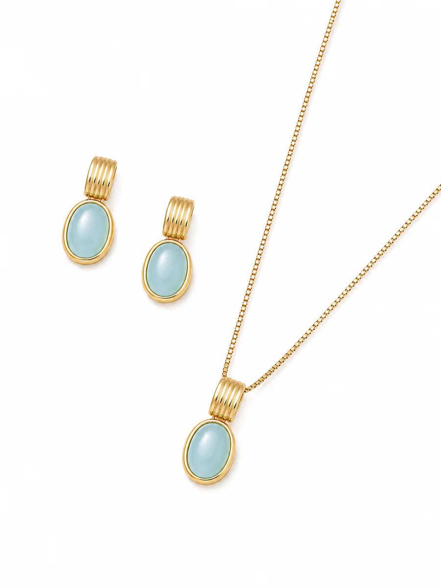 Conjunto com Ágata Azul Céu Natural em Ouro